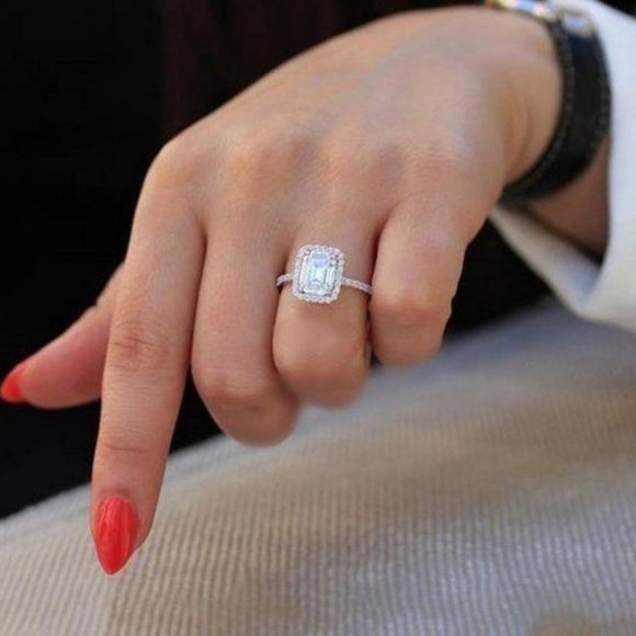 NEW 925 Sterling Silver Radiant Diamond Halo Ring - Picture 3 of 5